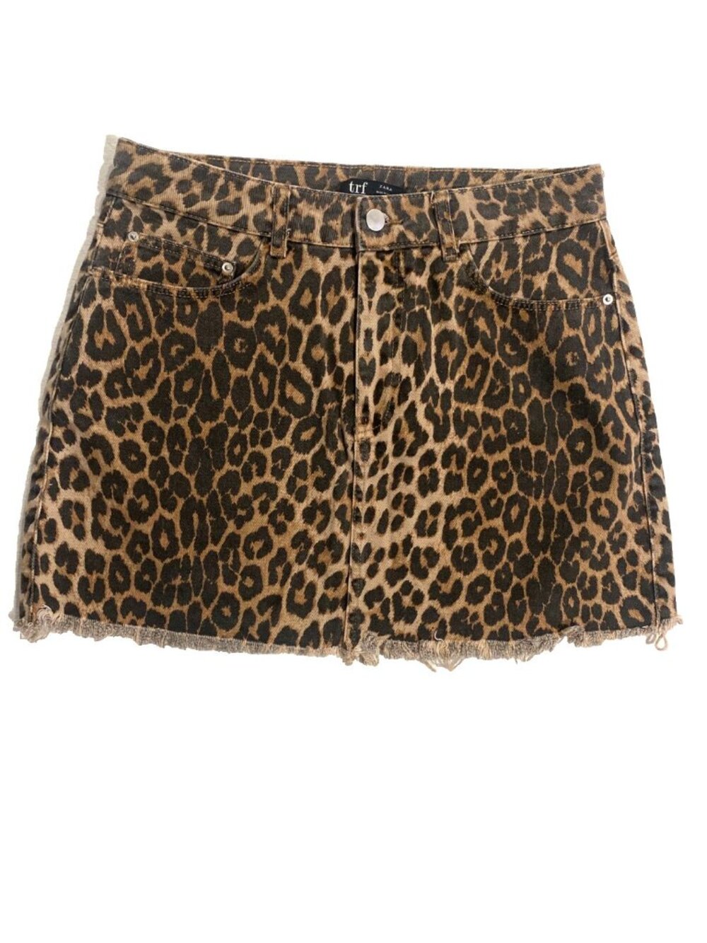 ZARA Leopard Print Denim Mini Skirt Brown L Edgy Mob Wife Aesthetic Animal Print